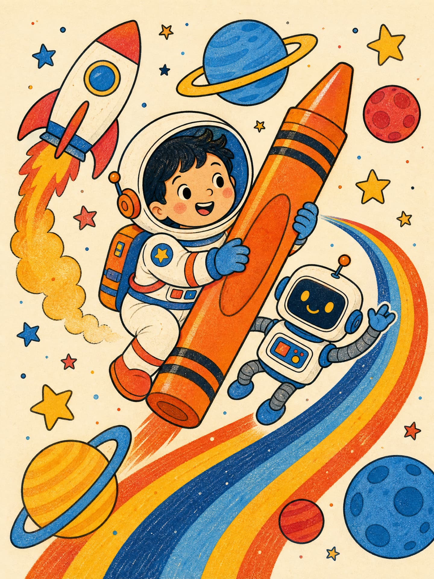 A young astronaut riding a giant orange crayon past rockets and planets